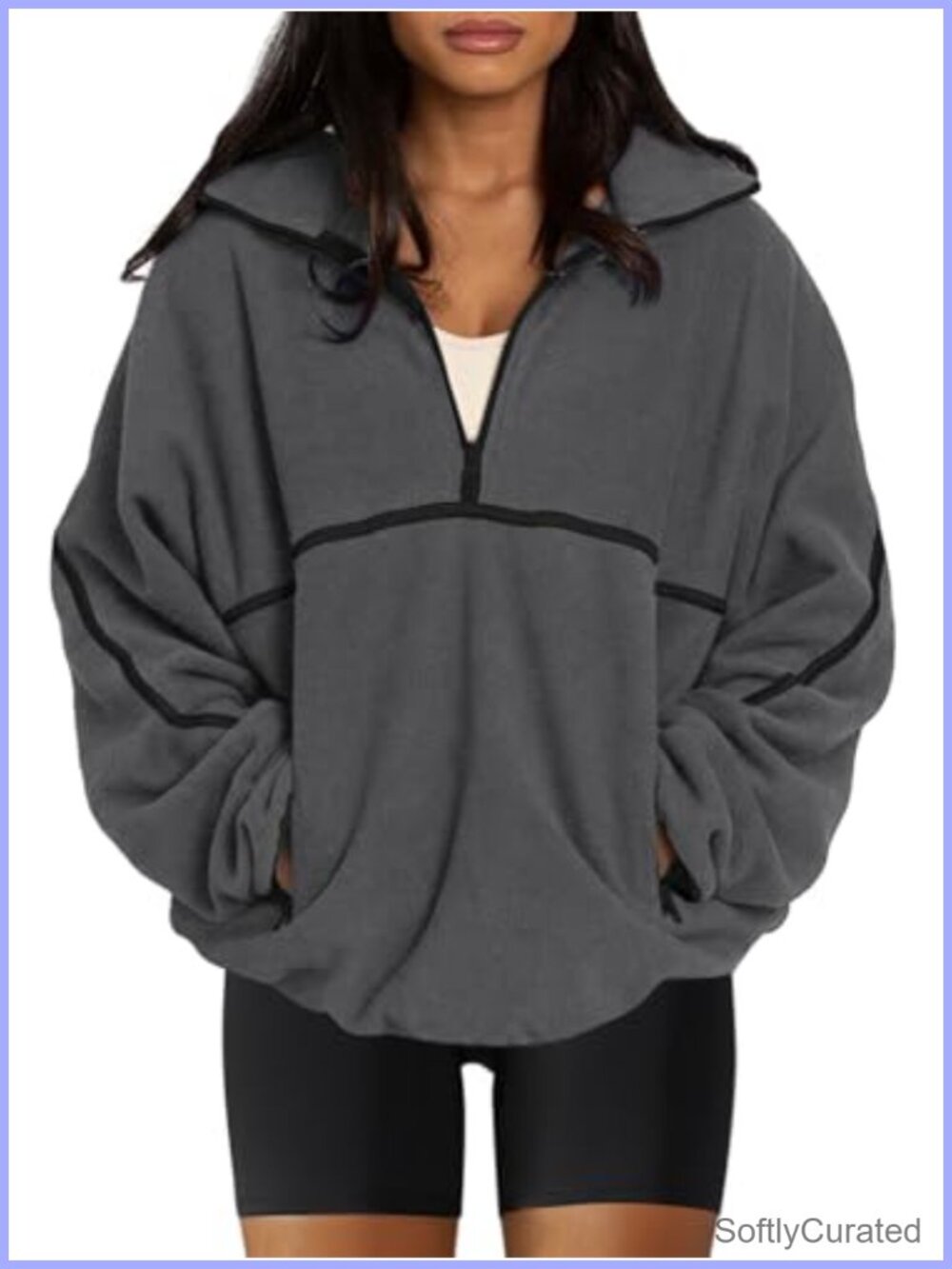 Oversized Sherpa Fleece Half Zip Pullover Jacket Zip Pockets Cozy